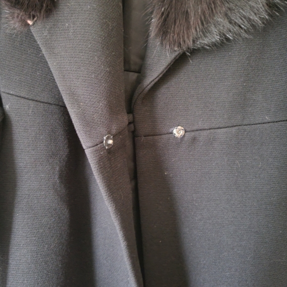 Vintage 70s Penny Lane Style Black Wool Trench Coat with Fur Trim - Picture 7 of 11